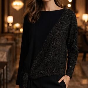 Lafayette 148 New York Black Metallic Rib Knit Sweater Large Tie Hem Silk Blend